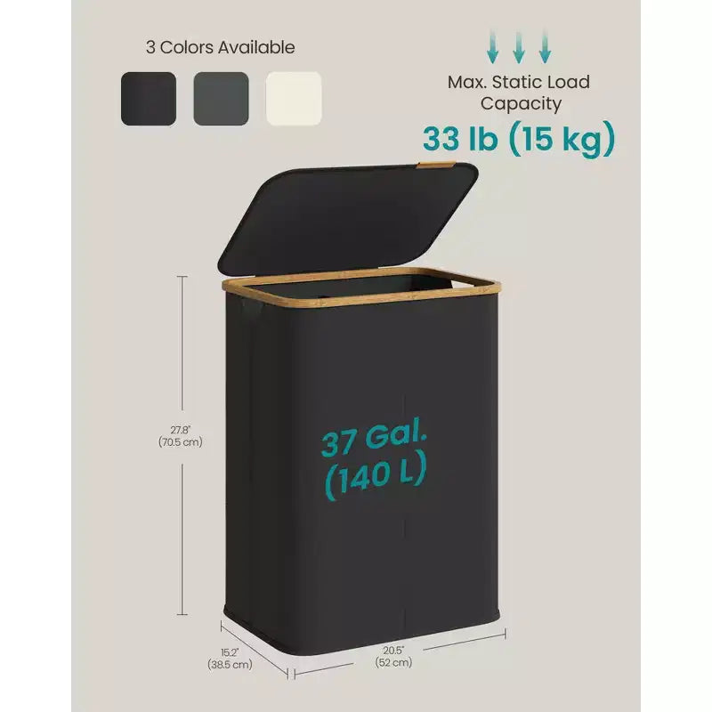 Panier à linge pliable avec couvercle, 2 compartiments, blanc crème / noir encre / gris ardoise, pour 2 personnes