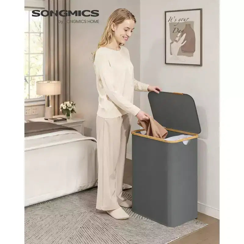 Panier à linge pliable avec couvercle, 2 compartiments, blanc crème / noir encre / gris ardoise, pour 2 personnes