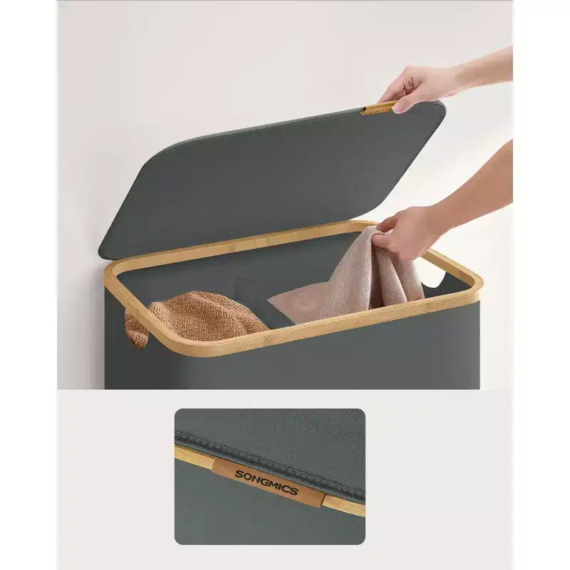 Panier à linge pliable avec couvercle, 2 compartiments, blanc crème / noir encre / gris ardoise, pour 2 personnes