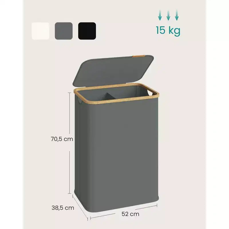 Panier à linge pliable avec couvercle, 2 compartiments, blanc crème / noir encre / gris ardoise, pour 2 personnes