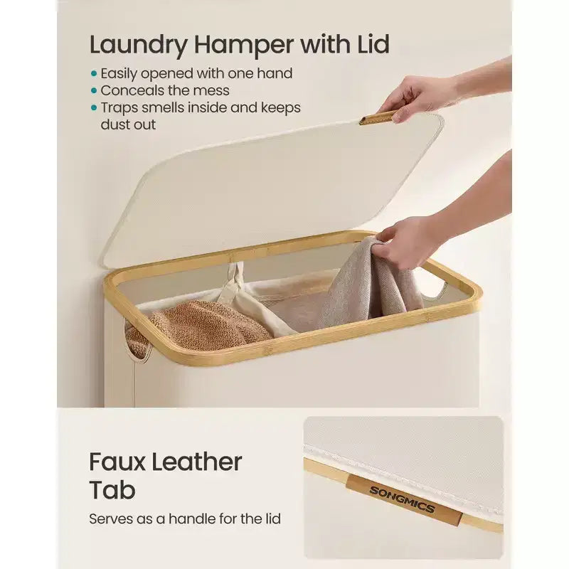 Panier à linge pliable avec couvercle, 2 compartiments, blanc crème / noir encre / gris ardoise, pour 2 personnes