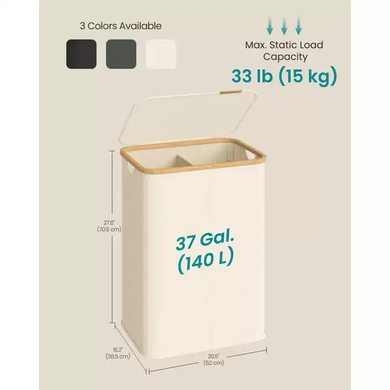 Panier à linge pliable avec couvercle, 2 compartiments, blanc crème / noir encre / gris ardoise, pour 2 personnes