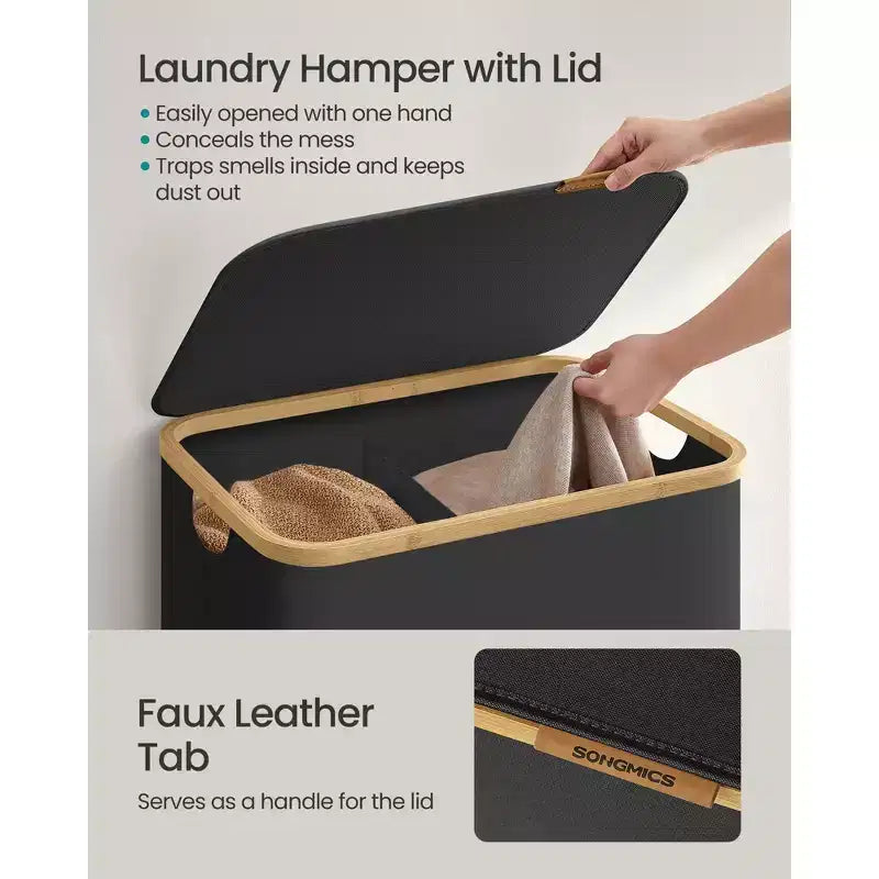 Panier à linge pliable avec couvercle, 2 compartiments, blanc crème / noir encre / gris ardoise, pour 2 personnes