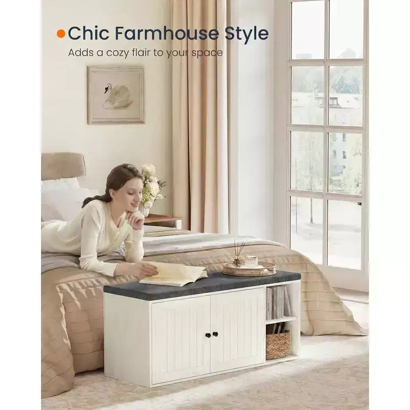 Banc de rangement miel brun / blanc rustique et gris ardoise avec meuble à chaussures, siège 1 personne