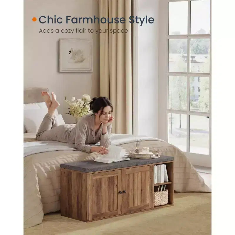 Banc de rangement miel brun / blanc rustique et gris ardoise avec meuble à chaussures, siège 1 personne
