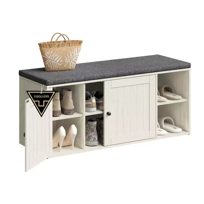 Banc de rangement miel brun / blanc rustique et gris ardoise avec meuble à chaussures, siège 1 personne