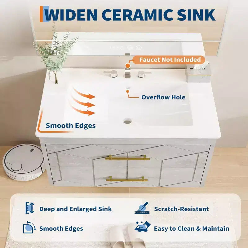 Meuble-lavabo mural de salle de bain noir / gris / blanc avec lavabo et poignée dorée – 24" ou 30", simple vasque