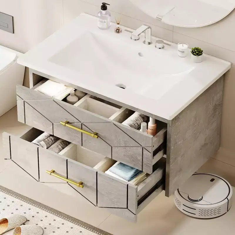 Meuble-lavabo mural de salle de bain noir / gris / blanc avec lavabo et poignée dorée – 24" ou 30", simple vasque