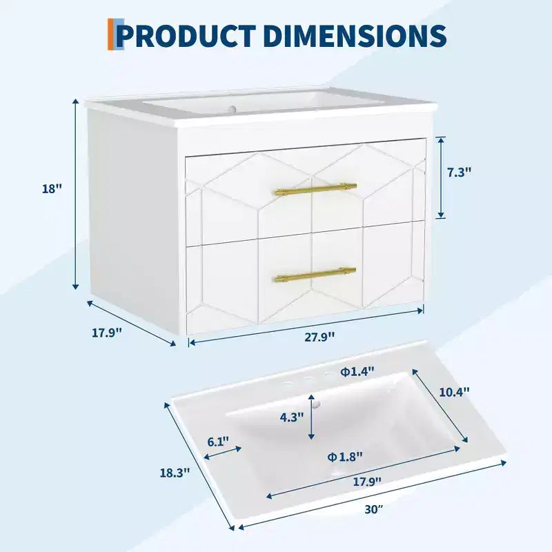 Meuble-lavabo mural de salle de bain noir / gris / blanc avec lavabo et poignée dorée – 24" ou 30", simple vasque