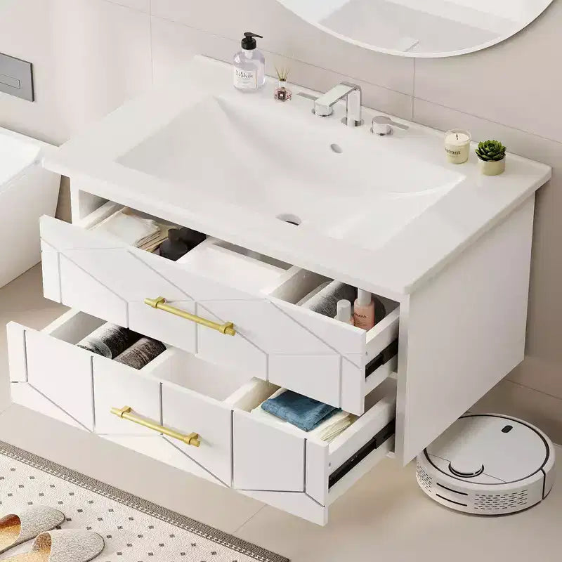 Meuble-lavabo mural de salle de bain noir / gris / blanc avec lavabo et poignée dorée – 24" ou 30", simple vasque