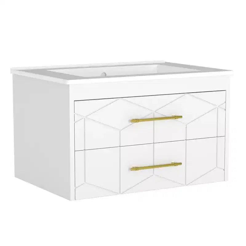 Meuble-lavabo mural de salle de bain noir / gris / blanc avec lavabo et poignée dorée – 24" ou 30", simple vasque