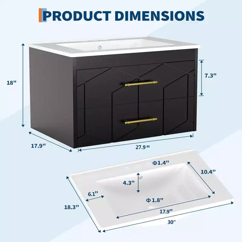 Meuble-lavabo mural de salle de bain noir / gris / blanc avec lavabo et poignée dorée – 24" ou 30", simple vasque