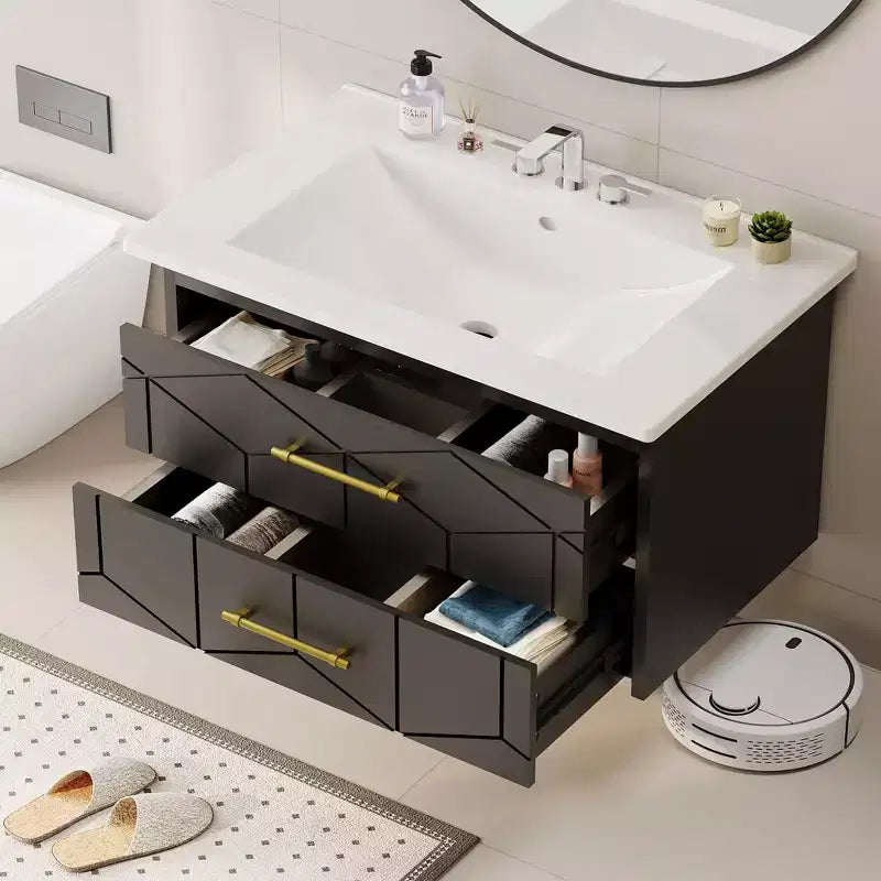 Meuble-lavabo mural de salle de bain noir / gris / blanc avec lavabo et poignée dorée – 24" ou 30", simple vasque
