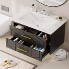 Meuble-lavabo mural de salle de bain noir / gris / blanc avec lavabo et poignée dorée – 24" ou 30", simple vasque
