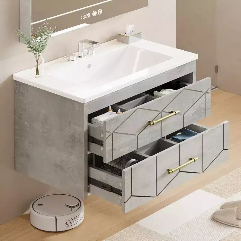 Meuble-lavabo mural de salle de bain noir / gris / blanc avec lavabo et poignée dorée – 24" ou 30", simple vasque