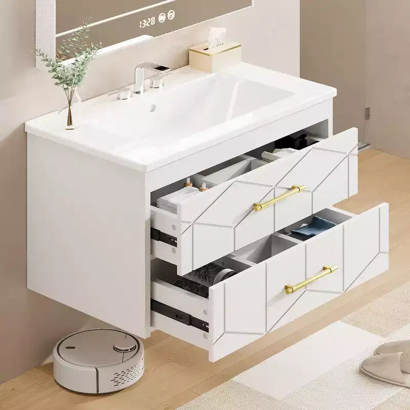 Meuble-lavabo mural de salle de bain noir / gris / blanc avec lavabo et poignée dorée – 24" ou 30", simple vasque