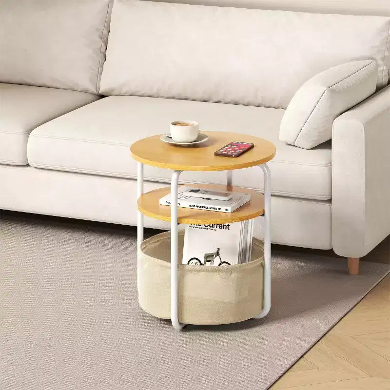 Table d'appoint ronde à 3 niveaux avec panier de rangement en tissu amovible, cadre en fer robuste, montage facile, poste de travail compact pour salon et chambre à coucher