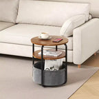 Table d'appoint ronde à 3 niveaux avec panier de rangement en tissu amovible, cadre en fer robuste, montage facile, poste de travail compact pour salon et chambre à coucher
