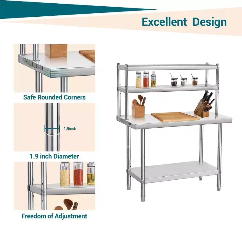 Table de travail robuste en acier inoxydable avec étagère supérieure, table de préparation commerciale pour restaurant, cuisine et atelier, plusieurs tailles disponibles
