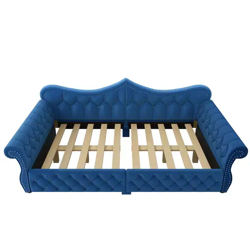 Lit de repos rembourré ModernLuxe Queen Size avec éclairage LED, garniture cloutée et dossier en lin touffeté