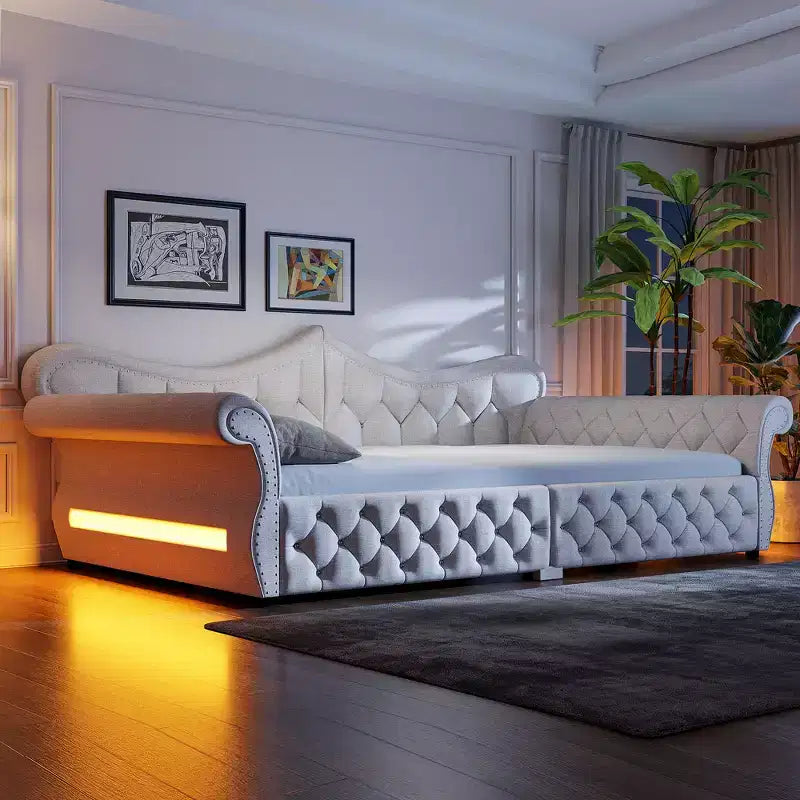 Lit de repos rembourré ModernLuxe Queen Size avec éclairage LED, garniture cloutée et dossier en lin touffeté