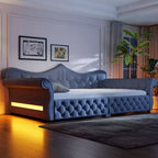 Lit de repos rembourré ModernLuxe Queen Size avec éclairage LED, garniture cloutée et dossier en lin touffeté