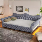 Lit de repos rembourré ModernLuxe Queen Size avec éclairage LED, garniture cloutée et dossier en lin touffeté