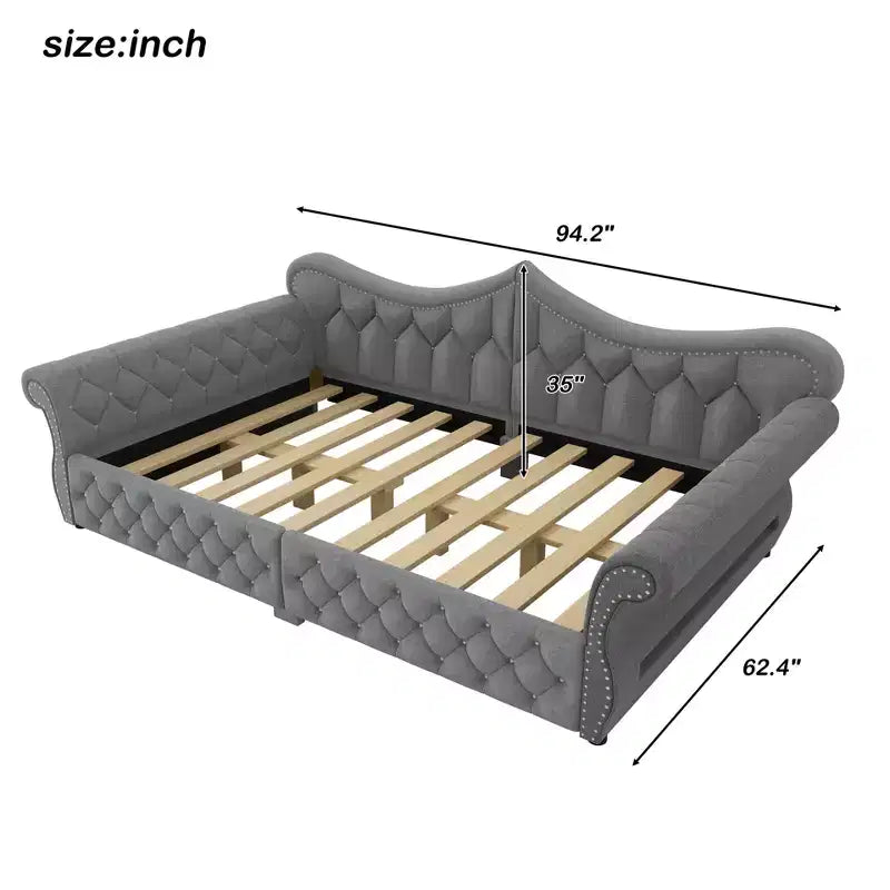 Lit de repos rembourré ModernLuxe Queen Size avec éclairage LED, garniture cloutée et dossier en lin touffeté
