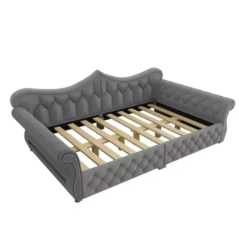Lit de repos rembourré ModernLuxe Queen Size avec éclairage LED, garniture cloutée et dossier en lin touffeté