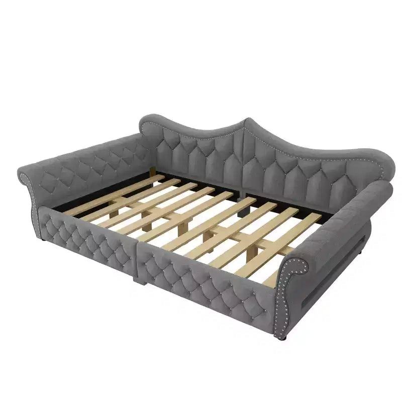 Lit de repos rembourré ModernLuxe Queen Size avec éclairage LED, garniture cloutée et dossier en lin touffeté