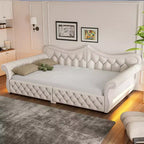 Lit de repos rembourré ModernLuxe Queen Size avec éclairage LED, garniture cloutée et dossier en lin touffeté