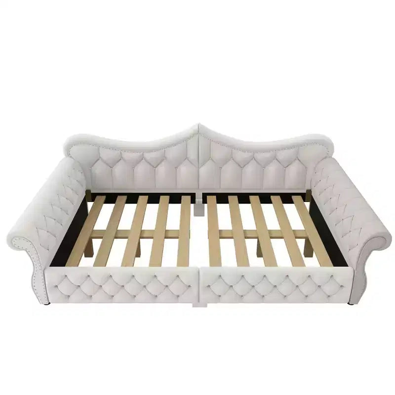 Lit de repos rembourré ModernLuxe Queen Size avec éclairage LED, garniture cloutée et dossier en lin touffeté