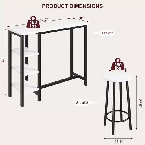Ensemble de table de cuisine 3 pièces, 1 table de salle à manger et 2 tabourets, table à manger hauteur comptoir avec 3 étagères de rangement pour petit espace, appartement, cuisine