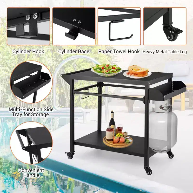 Chariot de barbecue extérieur noir avec/sans étagère grillagée, mono-utilisateur