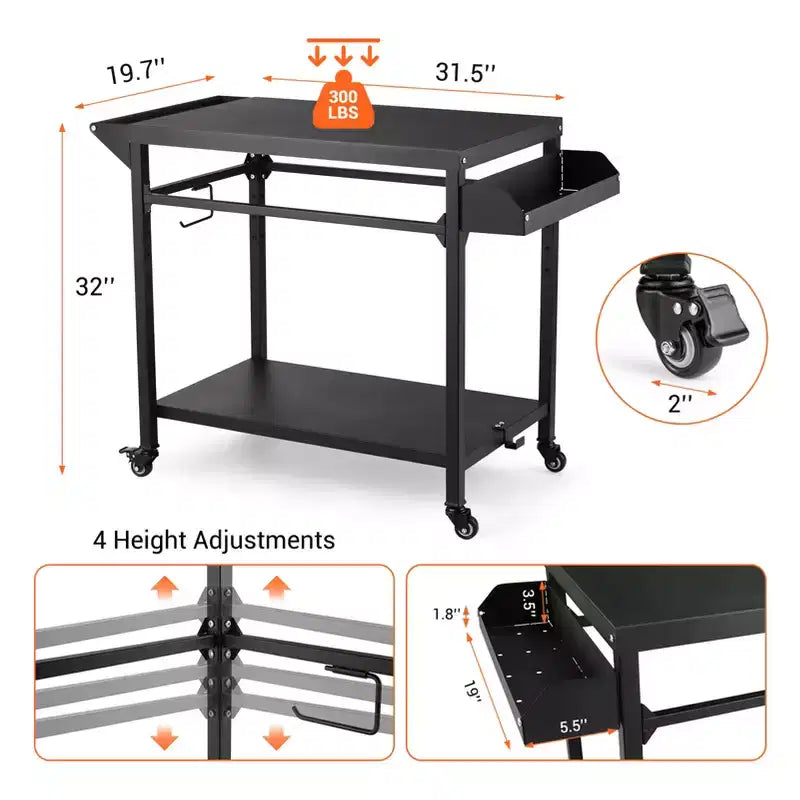 Chariot de barbecue extérieur noir avec/sans étagère grillagée, mono-utilisateur