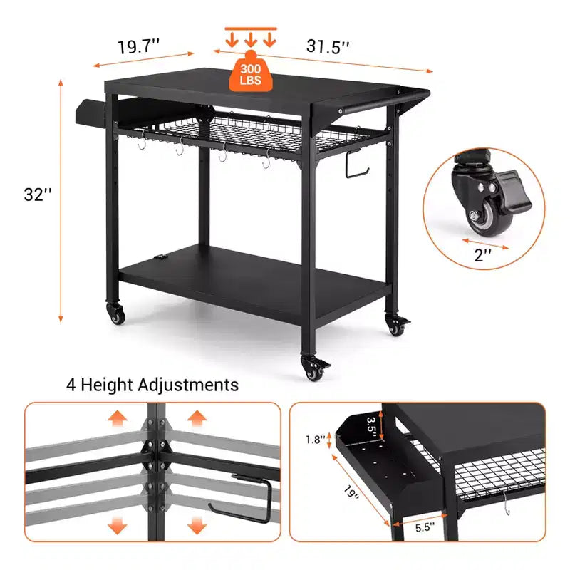Chariot de barbecue extérieur noir avec/sans étagère grillagée, mono-utilisateur