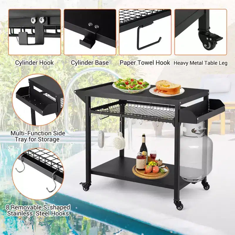 Chariot de barbecue extérieur noir avec/sans étagère grillagée, mono-utilisateur