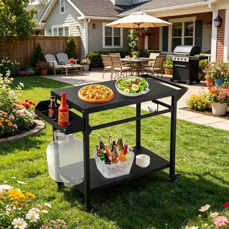 Chariot de barbecue extérieur noir avec/sans étagère grillagée, mono-utilisateur
