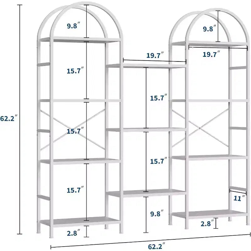 Étagère arquée à 4 niveaux, 11 étagères ouvertes, cadre en métal et étagères en bois, grand rayonnage de rangement sur pied pour salon, chambre à coucher, bureau à domicile