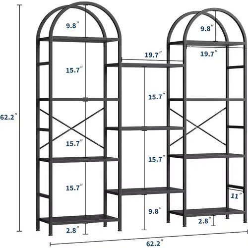 Étagère arquée à 4 niveaux, 11 étagères ouvertes, cadre en métal et étagères en bois, grand rayonnage de rangement sur pied pour salon, chambre à coucher, bureau à domicile
