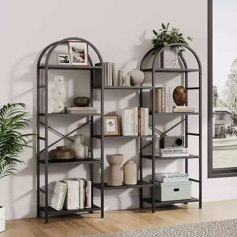 Étagère arquée à 4 niveaux, 11 étagères ouvertes, cadre en métal et étagères en bois, grand rayonnage de rangement sur pied pour salon, chambre à coucher, bureau à domicile