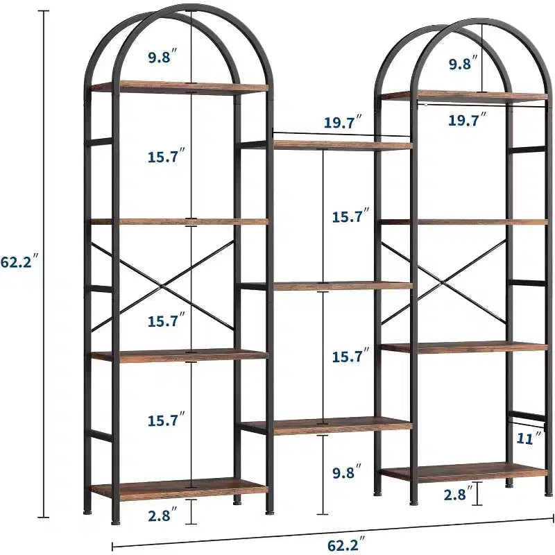 Étagère arquée à 4 niveaux, 11 étagères ouvertes, cadre en métal et étagères en bois, grand rayonnage de rangement sur pied pour salon, chambre à coucher, bureau à domicile