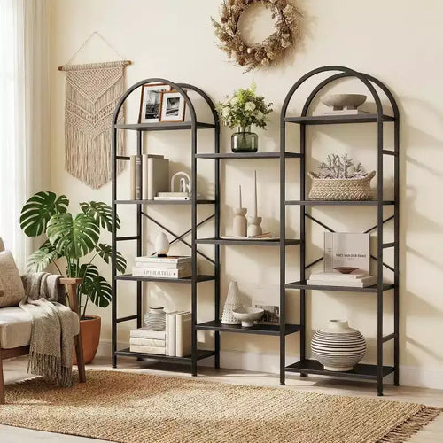 4 Tier Arched Bookshelf, 11 Open Display Shelves, Metal Frame & Wood Shelves, Wide Tall Standing Storage Rack for Living Room, Bedroom, Home Office
