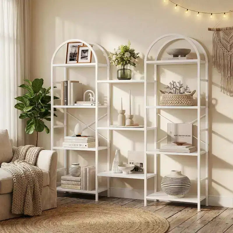 Étagère arquée à 4 niveaux, 11 étagères ouvertes, cadre en métal et étagères en bois, grand rayonnage de rangement sur pied pour salon, chambre à coucher, bureau à domicile
