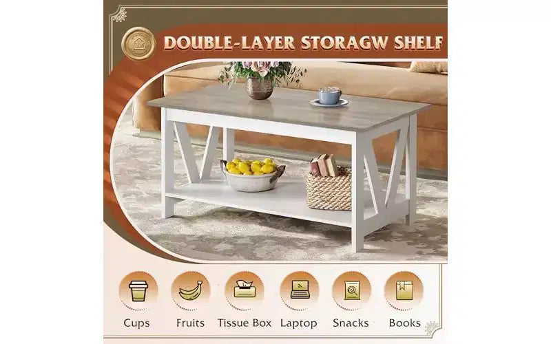 Table basse de ferme avec étagère de rangement, cadre en V à 2 niveaux, expresso/gris-beige