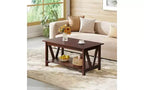 Table basse de ferme avec étagère de rangement, cadre en V à 2 niveaux, expresso/gris-beige