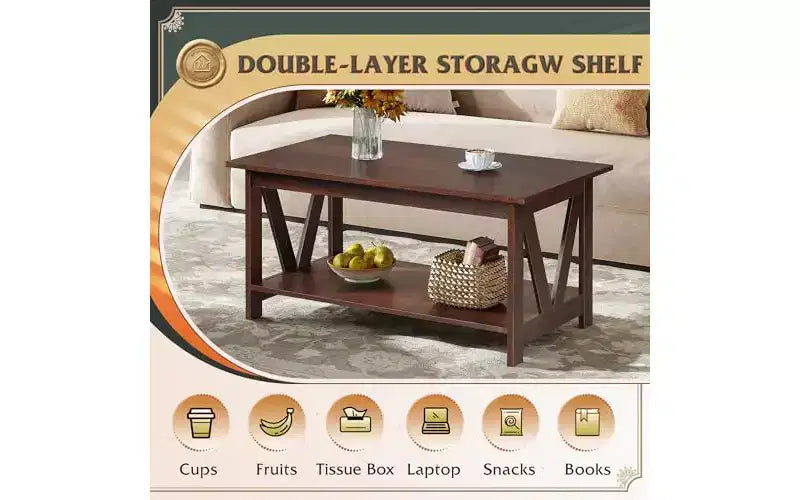 Table basse de ferme avec étagère de rangement, cadre en V à 2 niveaux, expresso/gris-beige