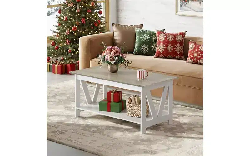 Table basse de ferme avec étagère de rangement, cadre en V à 2 niveaux, expresso/gris-beige