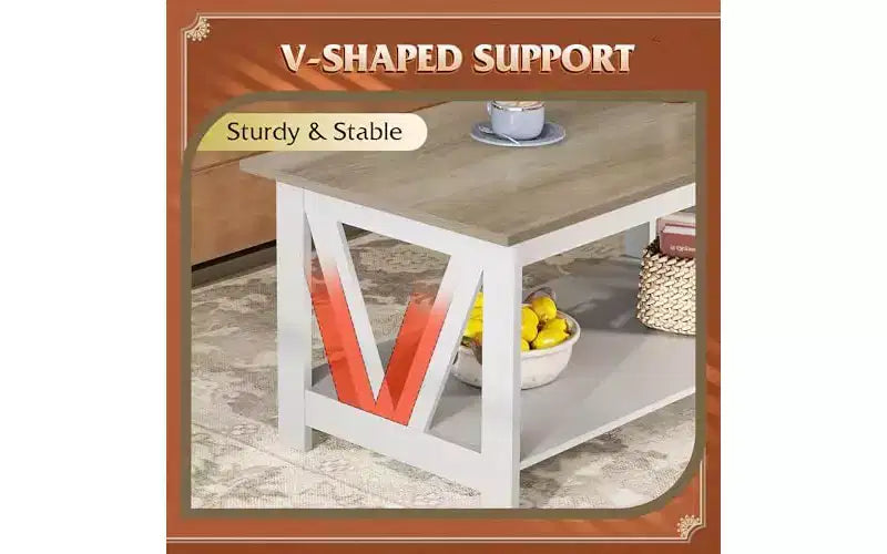 Table basse de ferme avec étagère de rangement, cadre en V à 2 niveaux, expresso/gris-beige