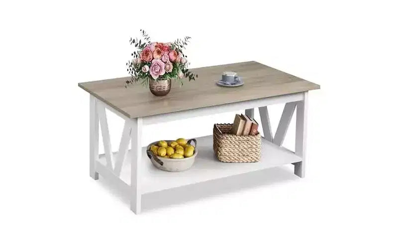 Table basse de ferme avec étagère de rangement, cadre en V à 2 niveaux, expresso/gris-beige